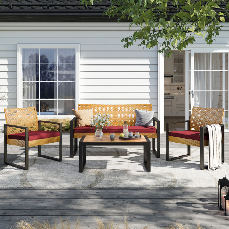Armantine Darb Stylish 4-Person Wicker Patio Set, Yellow, Red Performance