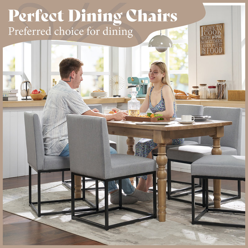 Gray Linen Upholstered Dining Chairs with Metal Frame, Set of 6