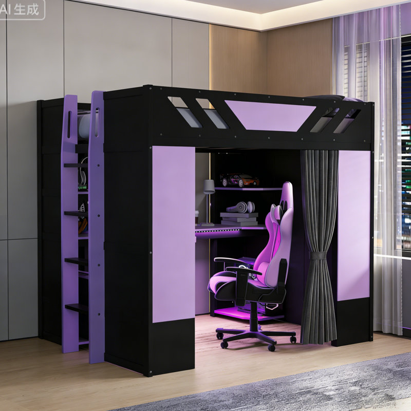 Full Loft Bed With Lighted Computer Desk, Keyboard Tray, Storage Shelves And Blackout Curtain, Purple