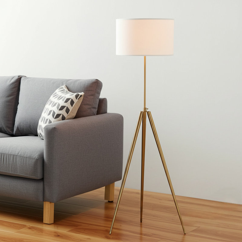 Lampe trépied réglable en métal doré avec abat-jour tambour en lin blanc