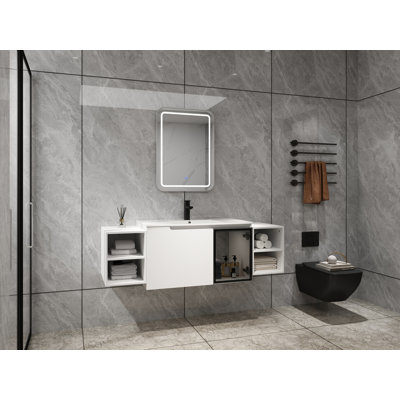 Meuble-lavabo mural 48 po avec lavabo en céramique, 2 portes à fermeture douce, meuble-lavabo blanc brillant et 1/2 porte en verre gris, 2 petites tablettes de rangement, armoire combinée (KD-Packing)