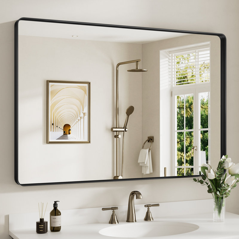 Miroir de salle de bain mural Llesenia, 48 po x 32 po, Noir mat, Rectangulaire