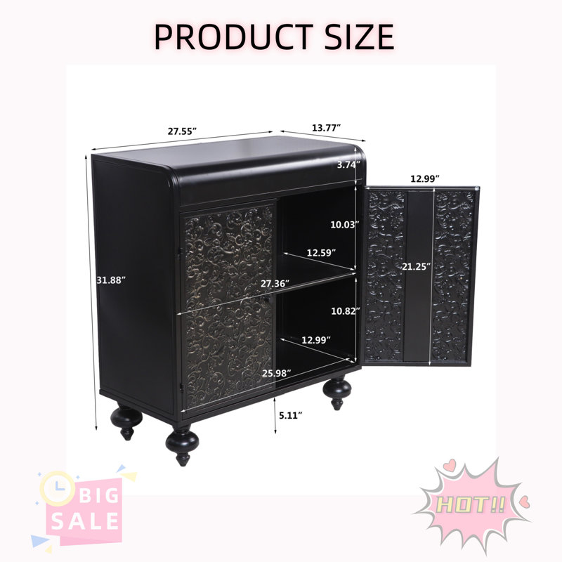  Art Deco Cabinet With 2 Doors, Sideboard With Storage, Antique Decorative Storage Cabinet With Embossed Pattern