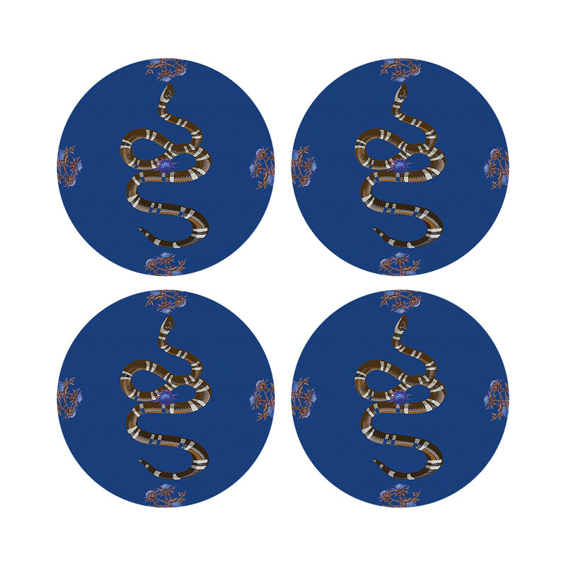 Thistle And Snake Vegan Leather Round Pebble Placemat, Blue