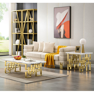 2 Piece White And Gold Living Room Table Set