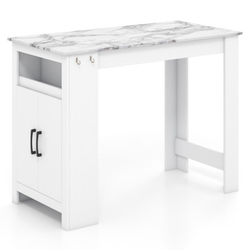 Bar Table Faux Marble Pub Table with 7 Hanging Hooks Compartment