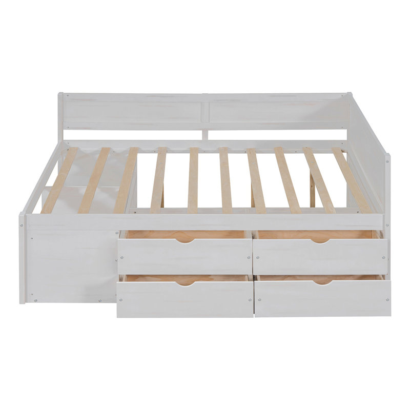 Lit de jour double avec tiroirs et tablettes, blanc