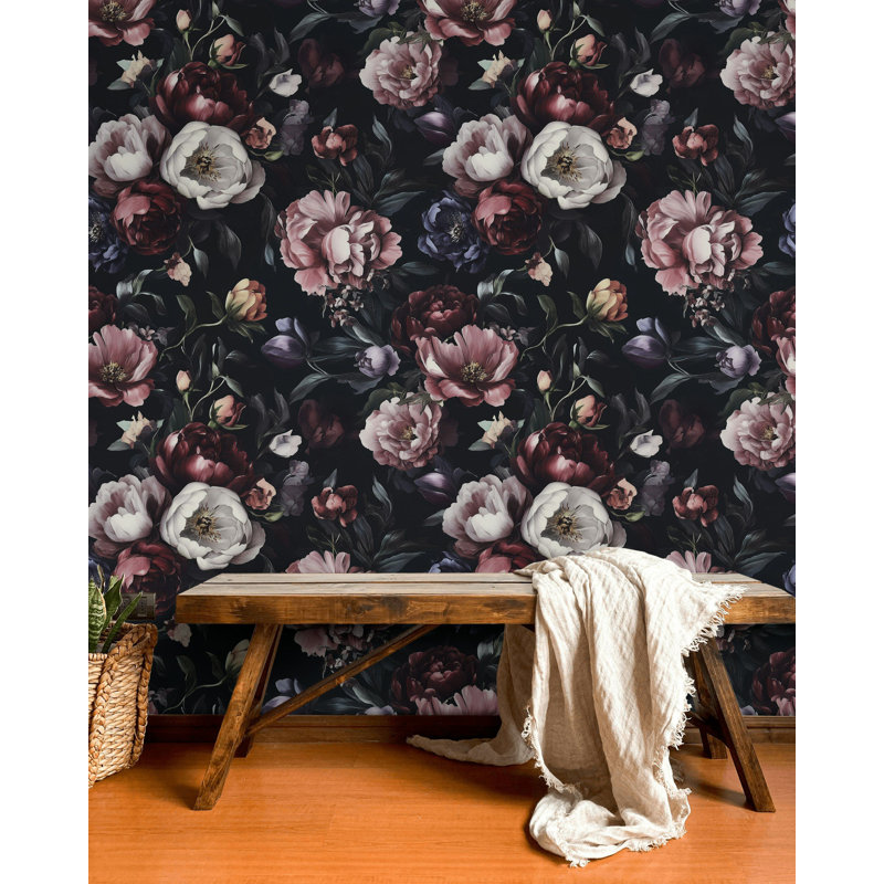 Papier peint floral à motif de pivoines foncées