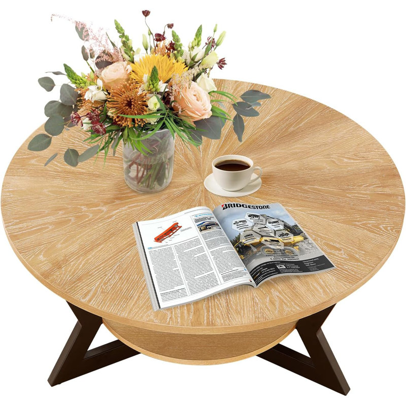 Table basse ronde en bois pour le salon, table basse rustique circulaire à 2 niveaux avec rangement, bureau en bois véritable avec structure en métal, conception à motifs radiaux