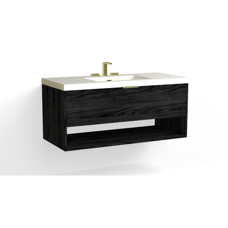 Modo 48" W Wall Mounted Single Bathroom Vanity, Glossy White/Single, White Acrylic, Satin Brass