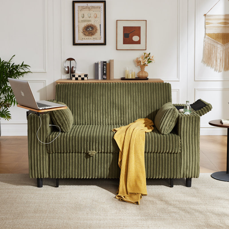  Sherry 58'' Upholstered Convertible Sleeper Sofa with Adjustable Back, Storage Armrests & Side Table