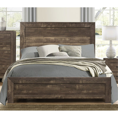 Lit double en bois de style rustique brun, avec tête de lit, rails et sommier requis, indispensable, indispensable, exigé