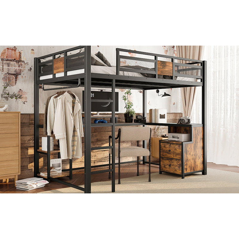 Lit mezzanine double en métal noir avec bureau intégré, rangements en tissu non tissé, structure robuste, échelles sécurisées dans les tiroirs, construction en acier pour un sommeil silencieux et facile à monter.