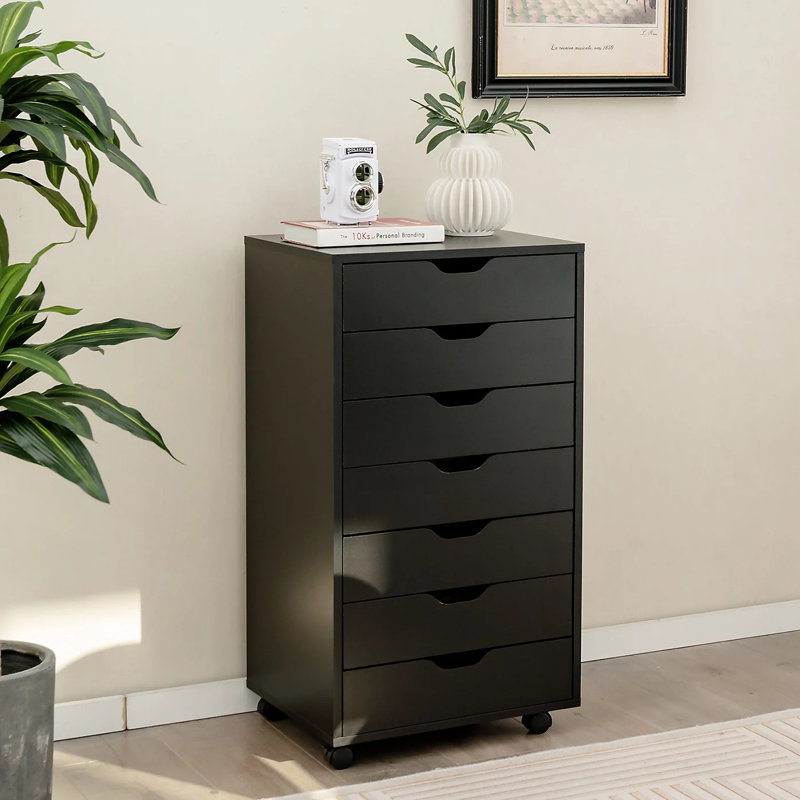 Mitchem Drawer Chest Wood File Cabinet Rolling Storage Dresser with Wheels for Home Office, Black