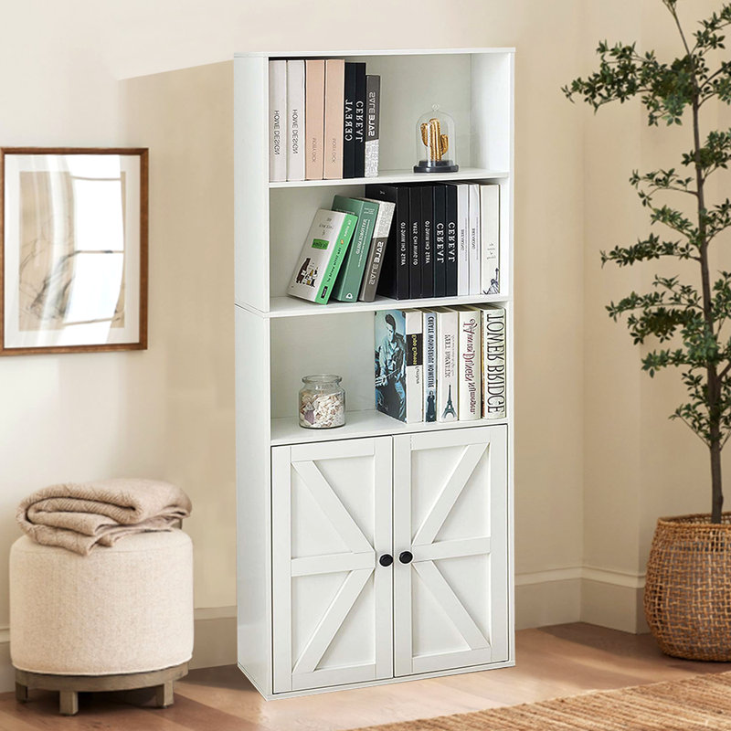 4-Tier Bookshelf With Door - Wooden Storage Bookcase, Display Cabinet For Home & Office, White, White