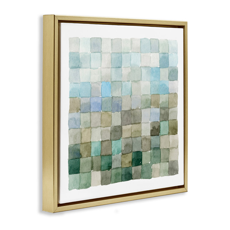 Aquarelle moderne à carreaux, H 25 po x l 25 po, Cadre flottant métallique doré