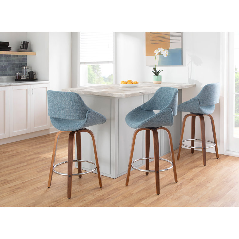 Najrin Upholstered Bar & Counter Stool with Round Footrest, Walnut/Chrome, Blue, Counter Stool (26" Seat Height)