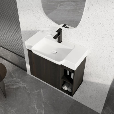 Meuble-lavabo mural 28 po avec lavabo en céramique blanche et porte à fermeture en douceur, emballage KD, chêne foncé
