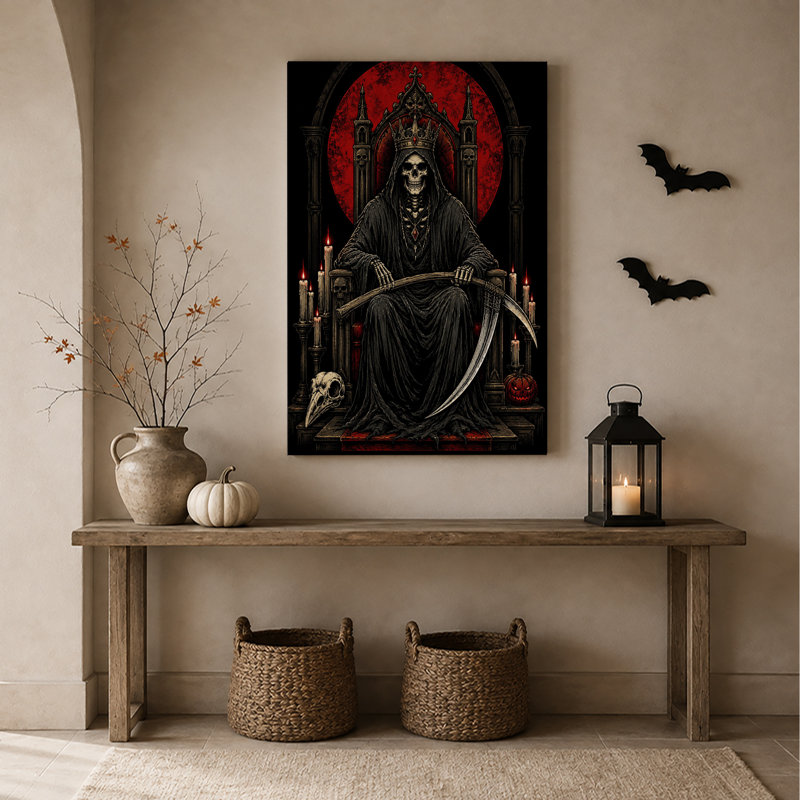 Art mural sur toile, "Skeletal King" sur trône gothique avec lune rouge, H 48 po x l 36 po