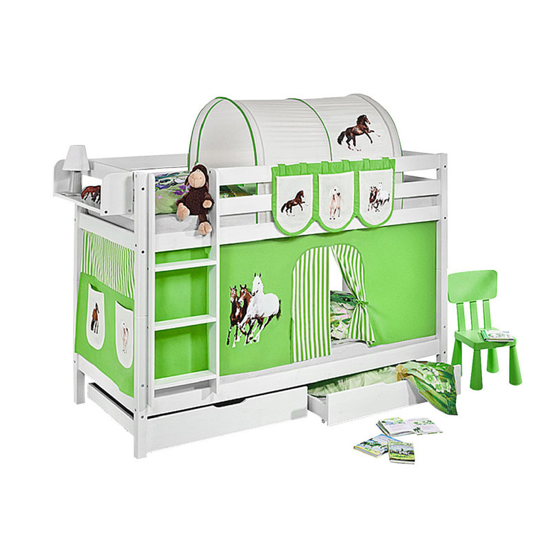 Pferde Single Bunk Bed with Curtain, Green/Beige