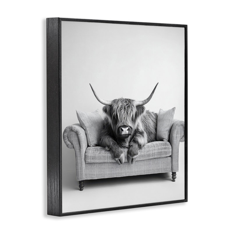 «Highland Cattons on Couch», art giclée par Petal Prints Design, H 20 po x l 16 po, Giclée encadrée noir minuit