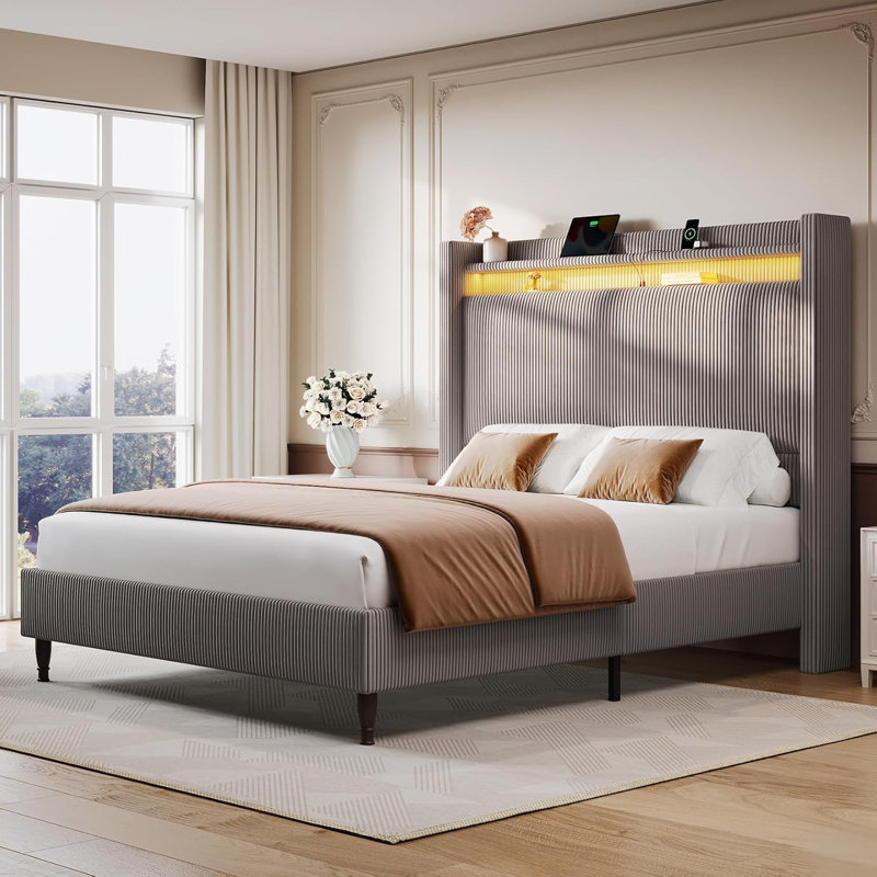 Corduroy Upholstered Wingback Queen Size Platform Bed Frame, Charging Station, LED Lights, Gray Brown, Queen