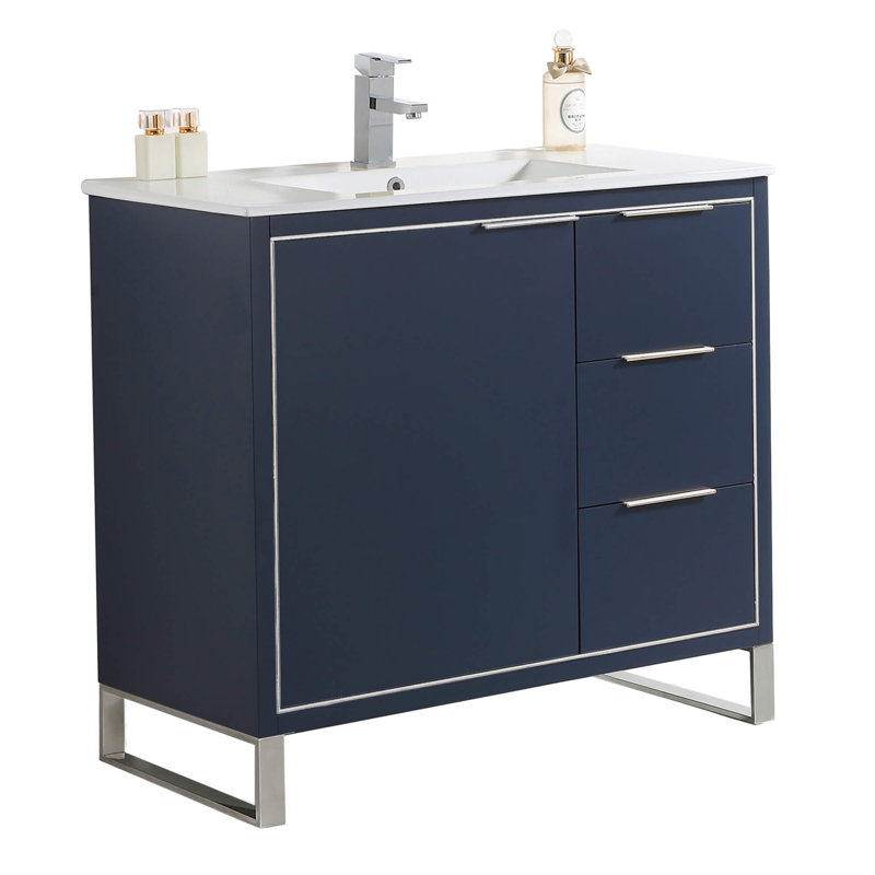 36" Single Bathroom Vanity Set, Chrome, Navy Blue