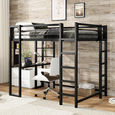 Black Full Metal Loft Bed With Desk And Storage For , 79.79 In Depth, 58.35 Width, 71.53 Height, 118.75 Lb, Secure Structure, Integrated , Guardrails, Slats, Triangular Shelves Size Teens - Black,