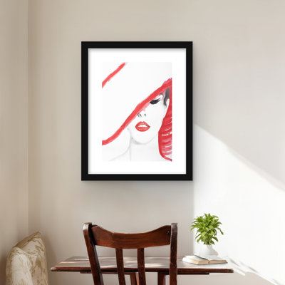 «Woman with a Summer Hat - Figurative White», reproduction encadrée