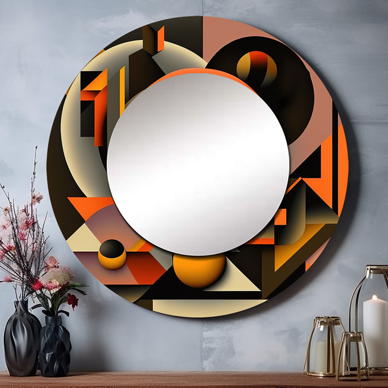 Porshae Multicolor Geometric Orange Shapes I - Geometric Large Mirror, Modern Decorative Wall Mirror, Printed Metal Art