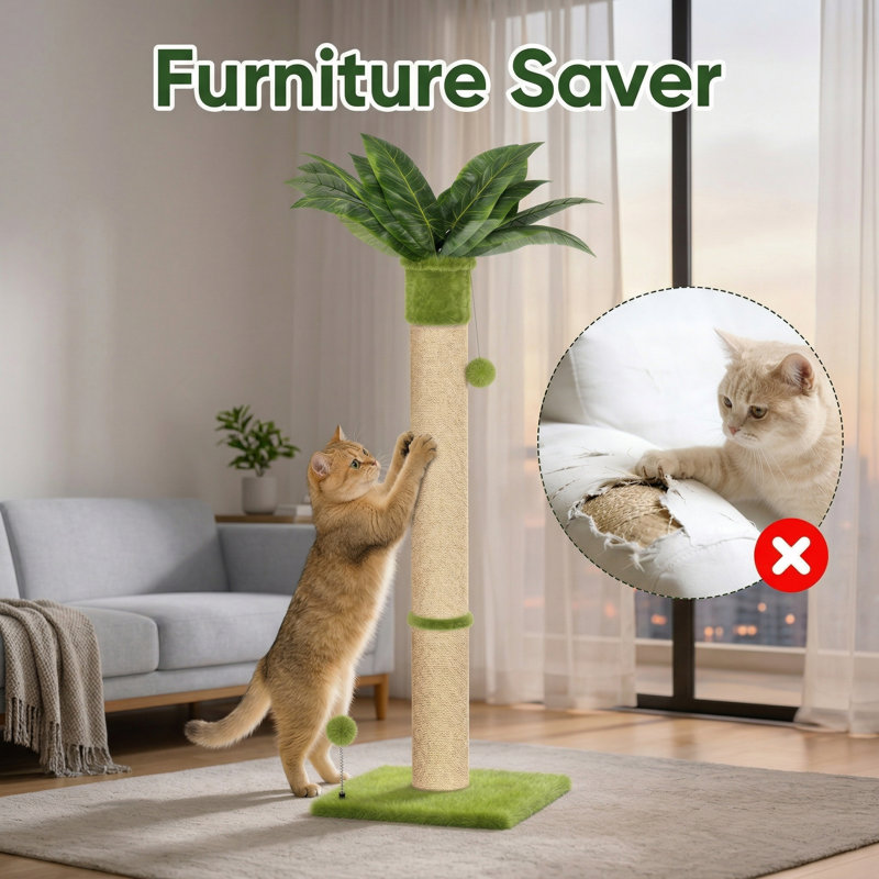 Grattoir pour chat 34 po, arbre à chat durable avec base extra large 15,8 po et 2 boules de jeu, vert