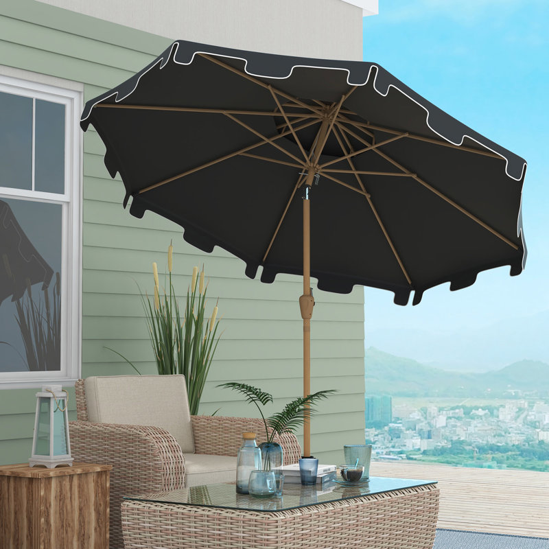 Parasol de patio gris foncé de 9 pi avec 8 nervures, inclinaison à bouton-poussoir et manivelle, double toit à volants pour auvent de piscine de terrasse de jardin extérieur - manivelle réglable