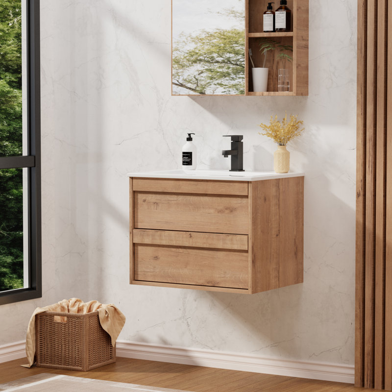 Jadaya Sharee 24" Modern Wall Mounted Bathroom Vanity with Ceramic Sink Top, Wood Tune Floating Cabinet, Oak