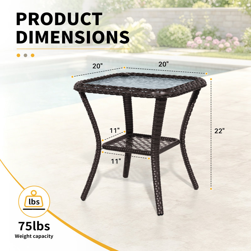PE Wicker Glass Top Patio Side Table