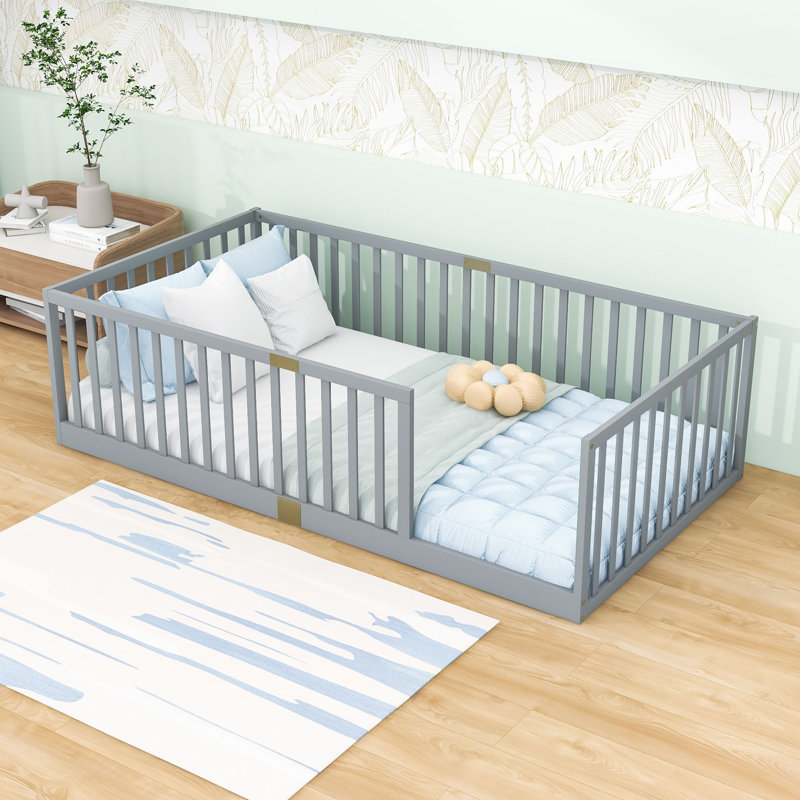 Lit simple en bois avec rails de protection, Gray