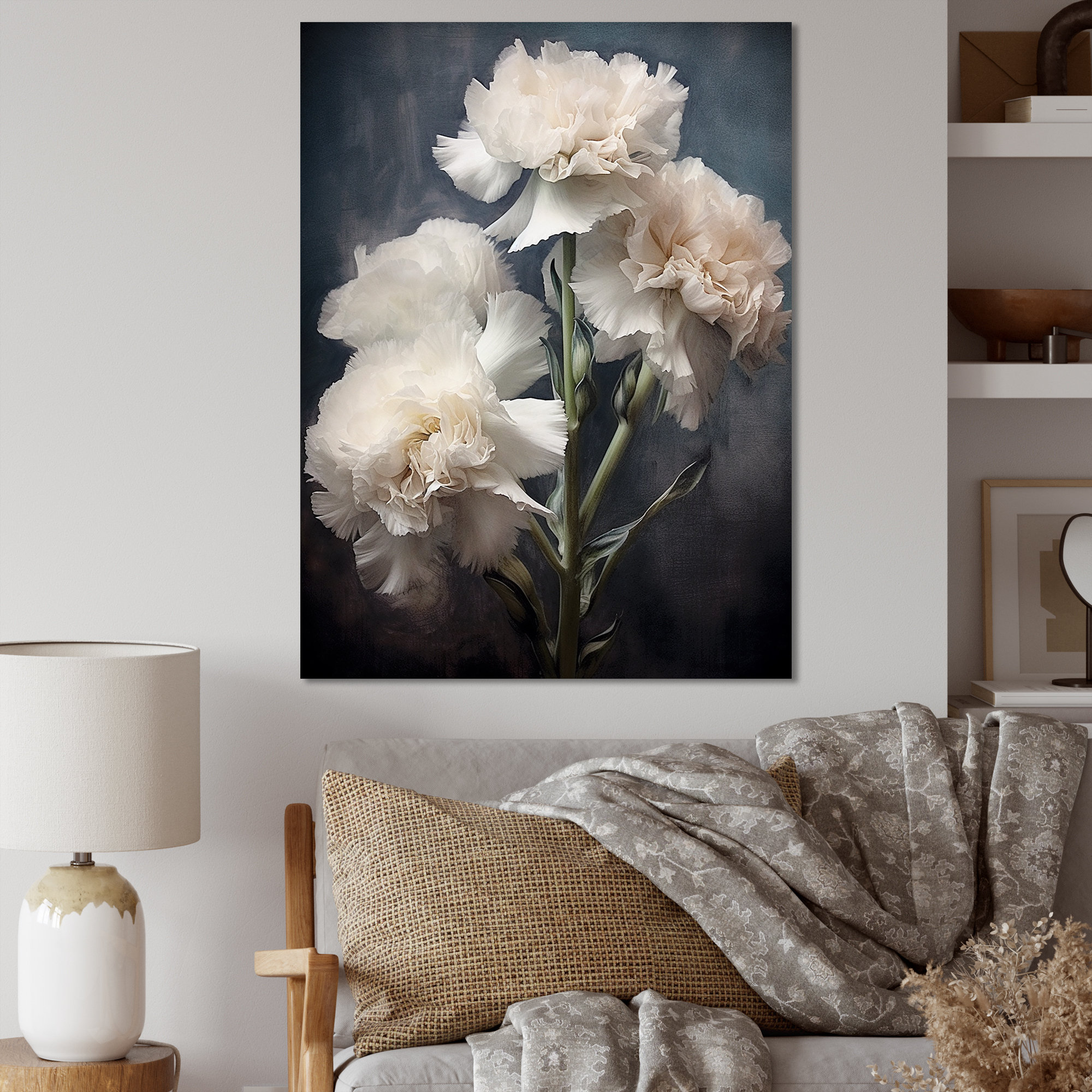 Designart Black White Carnation Shades of Dark Carnations Framed Canvas Prints - 24 in. Wide x 32 in. High, image size:2000x2000