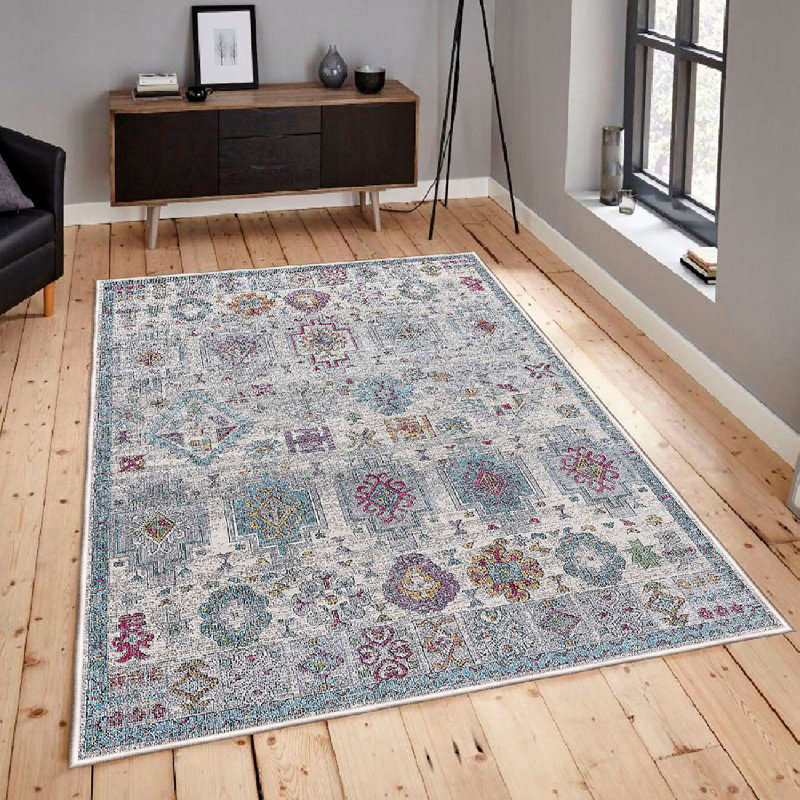 Warenne Soft Cotton Area Rug (23.6 x 39.4 inches) | 100% Cotton, 1200 g/m² | Pile Height: 0.4 inches, Total Thickness: 0.3 inches | Antibacterial, Non-Slip PVC Underside | Machine Washable, Elegant Pink, Blue, Green & Grey Design