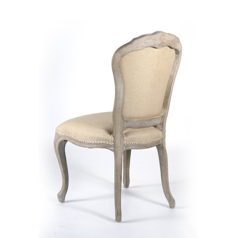 Gray Linen Upholstered Side Chair with Cane and Wood Frame