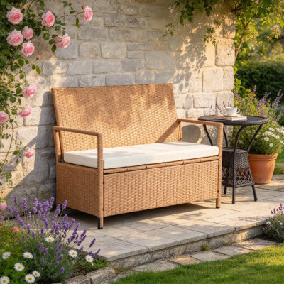 70 Gallon PE Rattan Outdoor Storage Bench, Waterproof Deck Box with Seat Cushion for Patio