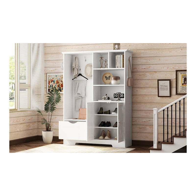 Arbre d'entrée multifonctionnel avec tablettes et tiroirs de rangement, armoire à chaussures élégante avec banc, portemanteau moderne avec crochets pour les entrées de couloir, blanc