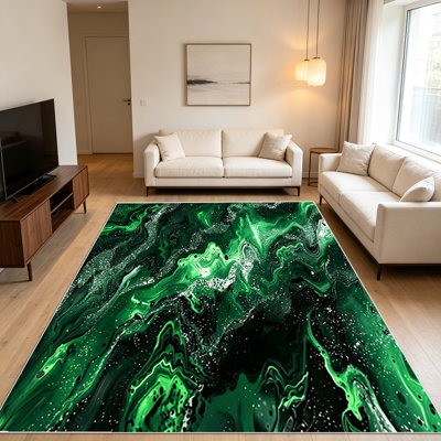 1PC Abstract Green - Black Marbled Area Rugs for Living Room, Soft and Comfortable, Suitable for all seasons, easy - to - maintain, machine washable Indoor floor mat, Under Table Farmhouse suitable for Bedroom, Dining Room, Hallway, Patio, Balcony,