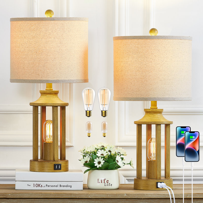 Cochranville 23.6" Modern Lantern Table Lamp with USB Ports and Touch Control, Beige, Gold