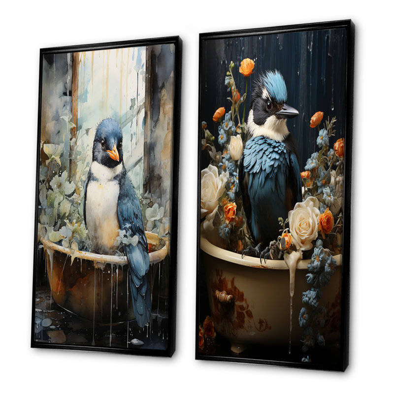 Oiseau dans une baignoire florale - ensemble de 2 reproductions d'art mural de salle de bain, Cadre noir, H 28 po x l 25 po