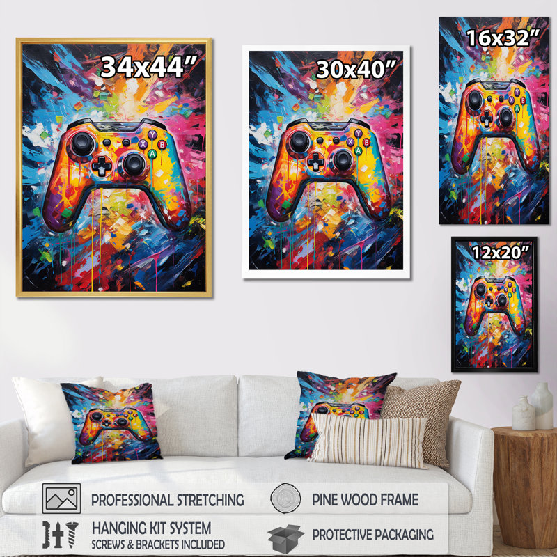Coloré jeu vidéo rétro - art mural jeux vidéo, H 32 po x l 16 po x P 1 po, Cadre simple noir