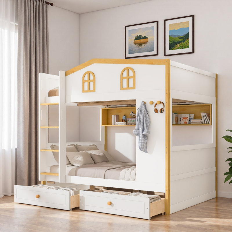 Lit superposé avec garde-corps en forme de maison, tablettes de rangement et tiroirs, Lit superposé double sur double