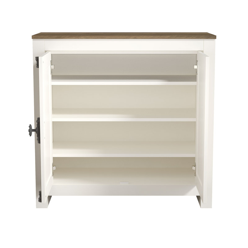 Malyha Louvered 12 Pairs Shoe Cabinet with Shelves, Ivory/Knotty Oak