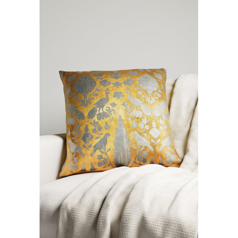 Golden Yellow Velvet Square Throw Pillow with Foil Print Birds