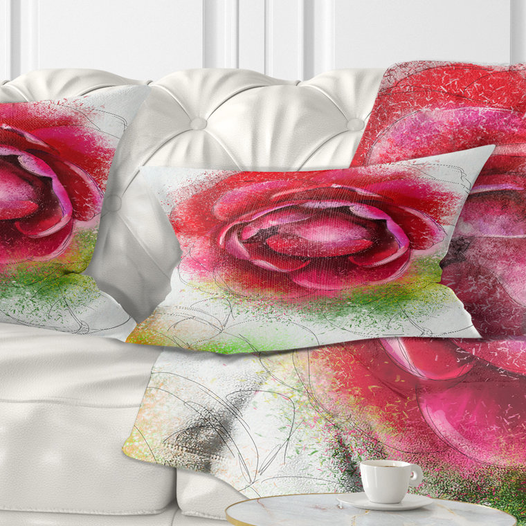 Coussin décoratif à grandes fleurs rouges sur fond blanc, Rectangle, 12 po x 20 po