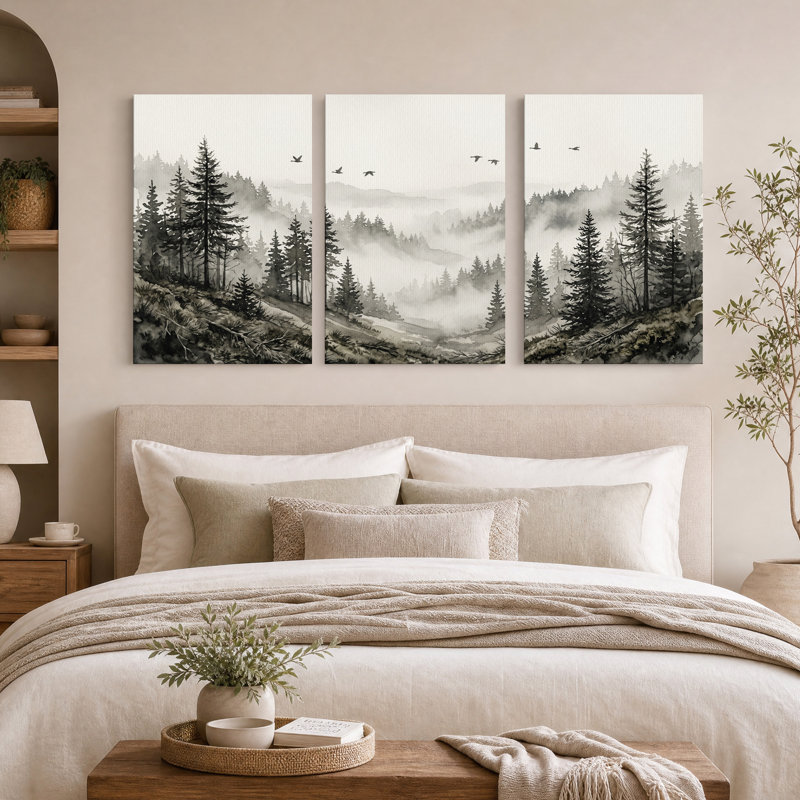 Ensemble de 3 toiles murales « Oiseaux volants au-dessus d'une forêt de pins brumeuse », 24"H x 16"W x 3pcs