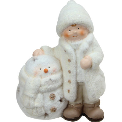 Porte-bougie de Noël 8,75 po blanc bonhomme de neige avec garçon debout